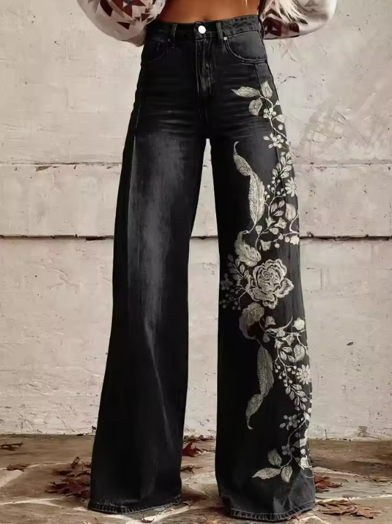 ECSLISSI | Pantaloni Vintage Noir Floreali Chic